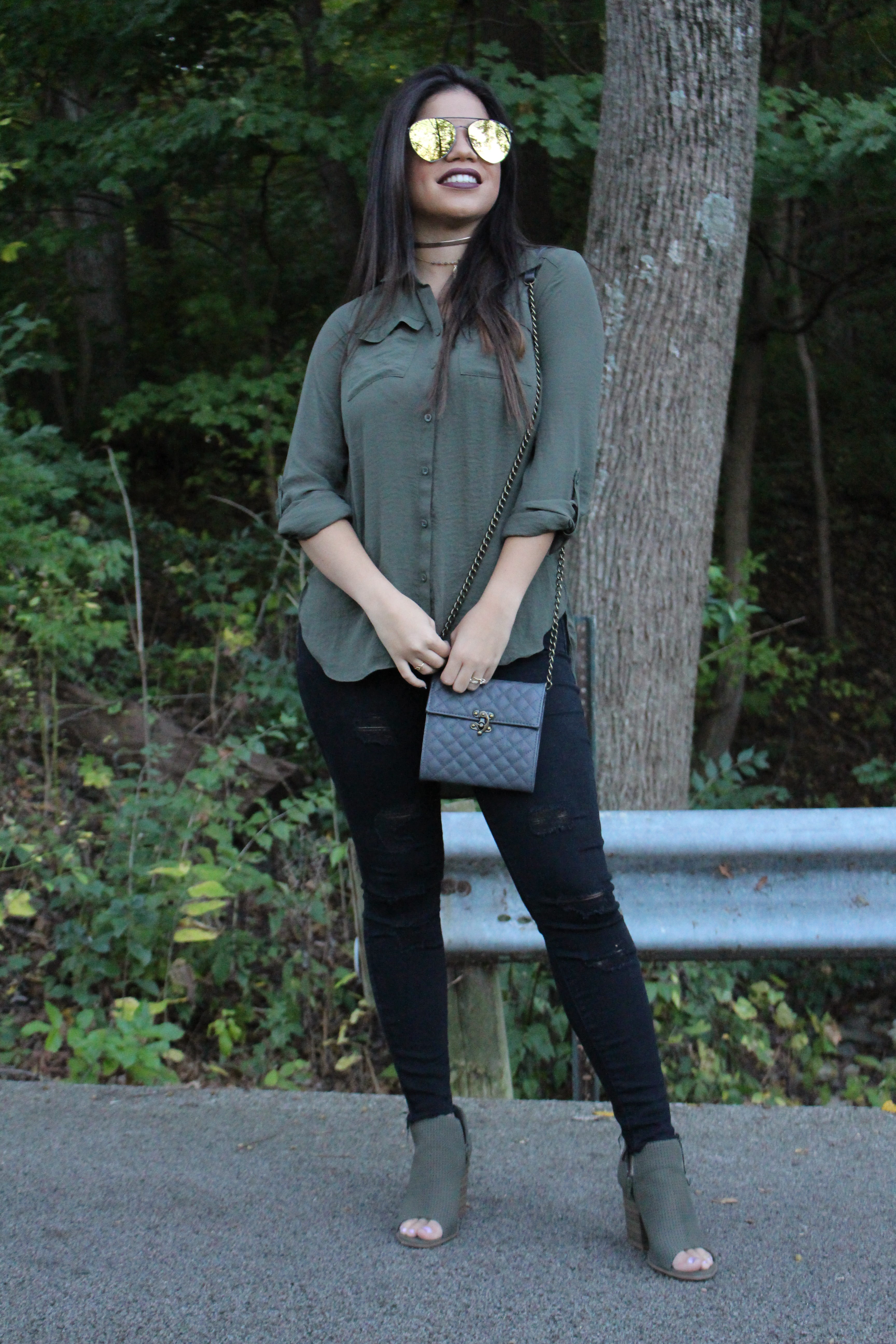 Olive Blouse old navy rockstar jeans steve madden bag fall outfit charlotte russe olive booties quay australia shades outfit idea OOTN by Alejandra Avila TuFashionPetite