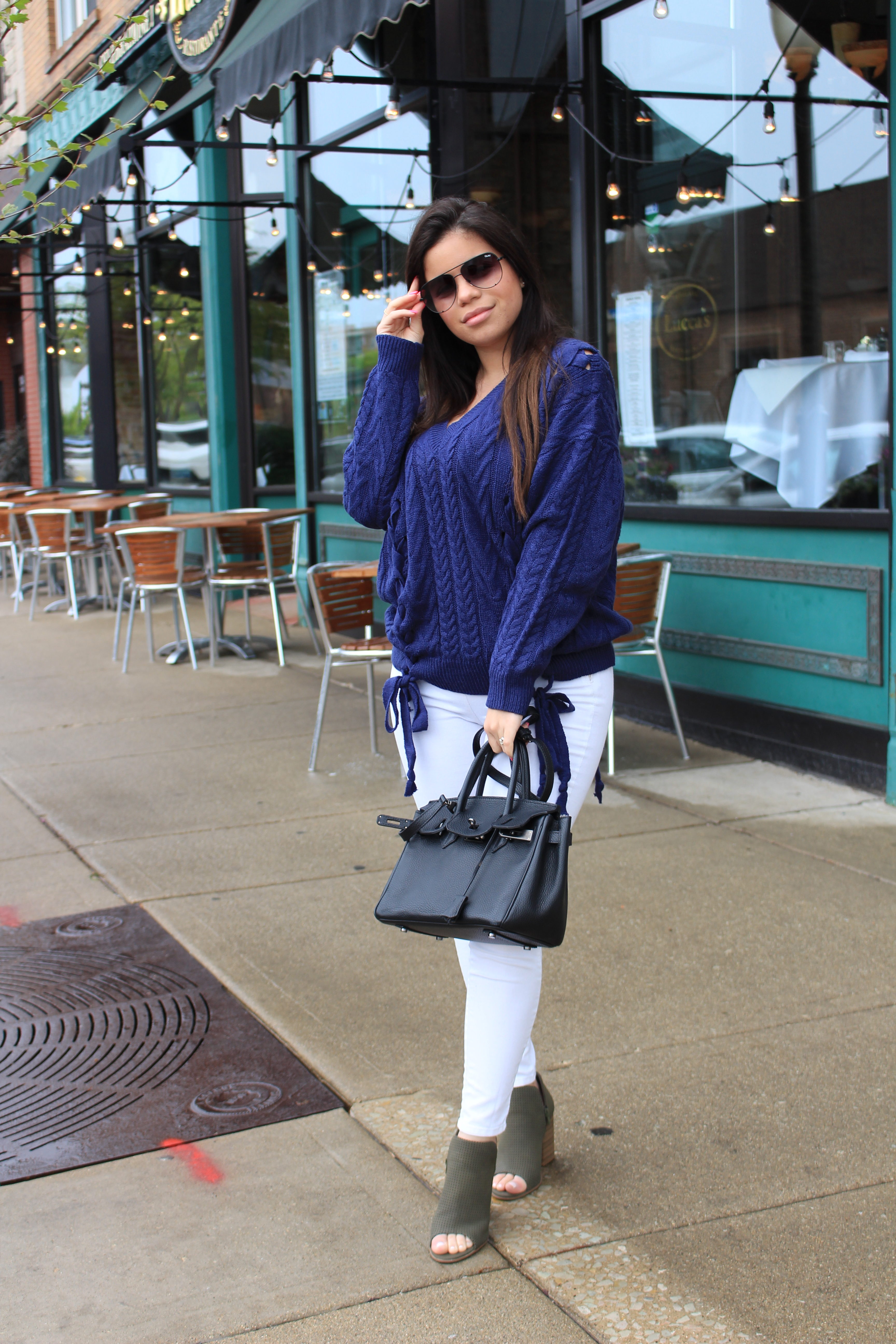 blue sweater hot miami styles white pants casual outfit OOTD call it spring heels OOTN details - by alejandra avila tufashionpetite